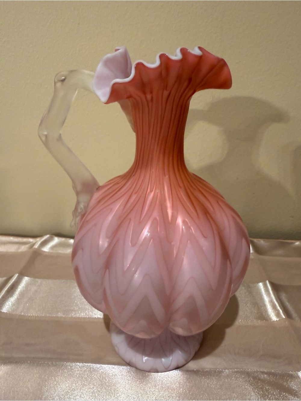Antique Victorian Pink MOP Satin Glass Pitcher Herringbone Pattern Ruffled Rim